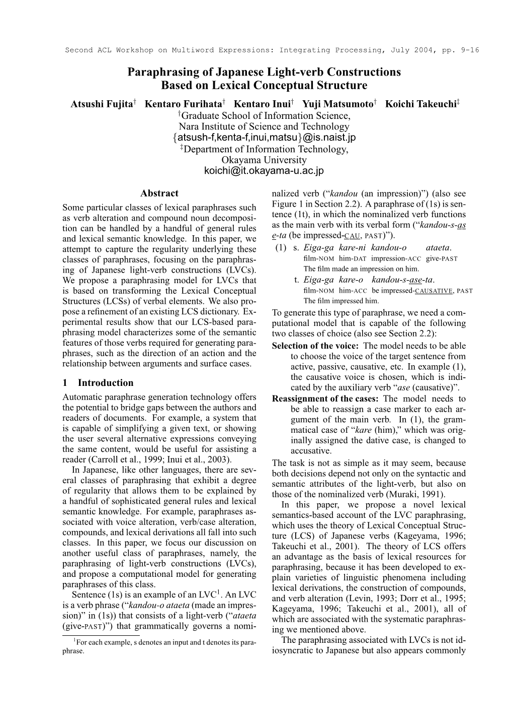 Paraphrasing of Japanese Light-Verb Constructions Based on Lexical