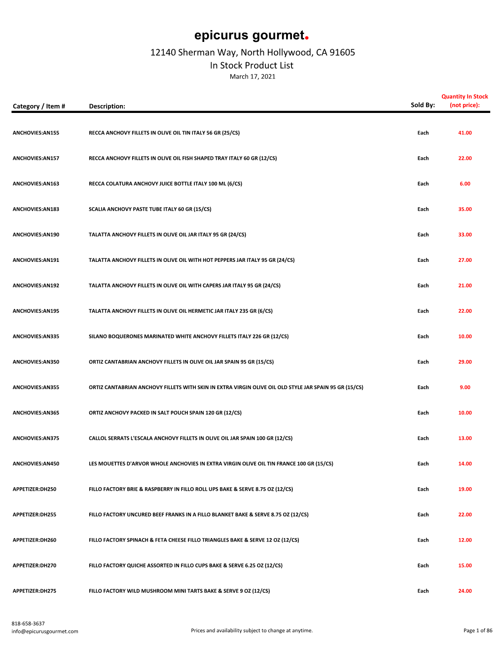 Epicurus Gourmet. 12140 Sherman Way, North Hollywood, CA 91605 in Stock Product List March 17, 2021