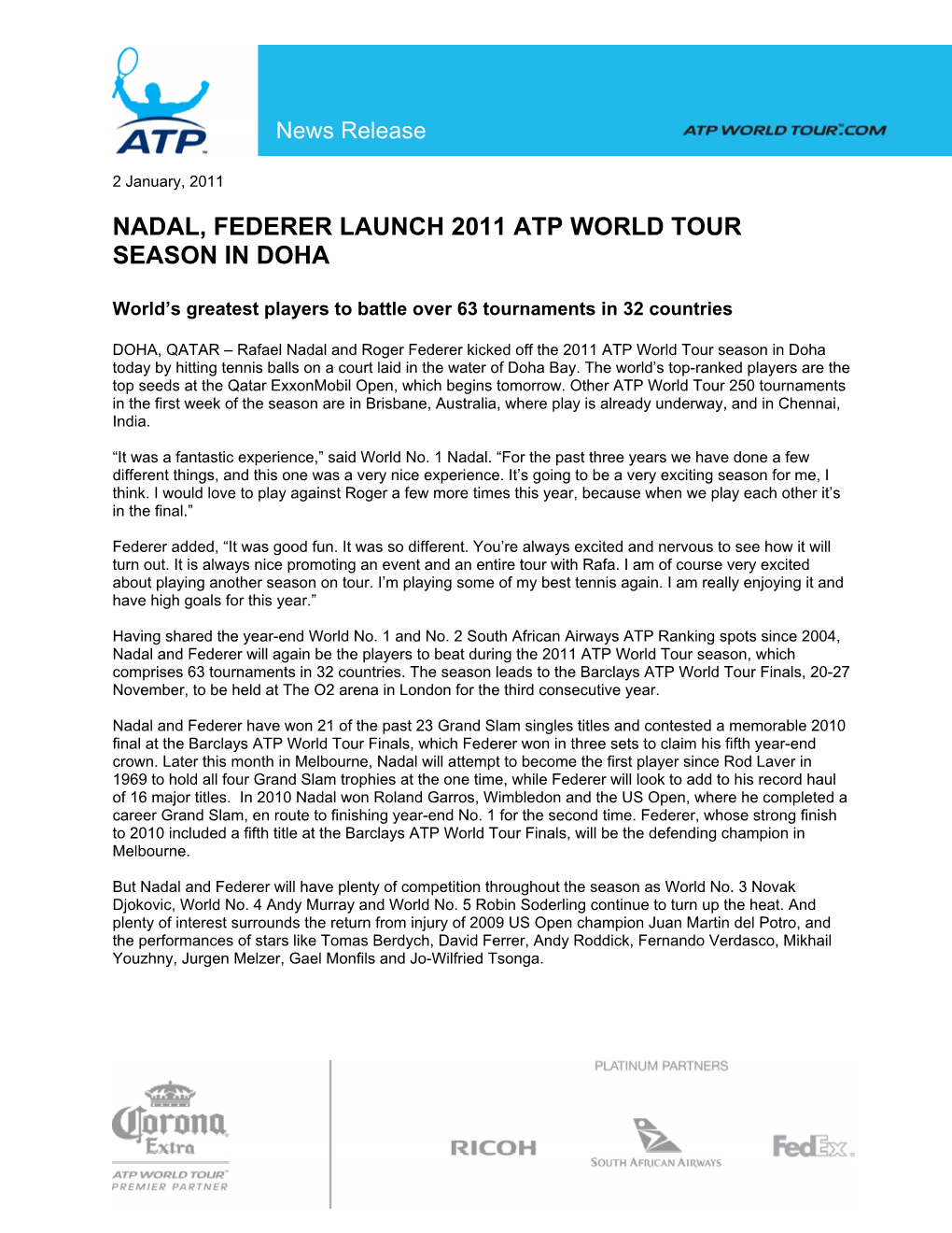 Nadal, Federer Launch 2011 Atp World Tour Season in Doha