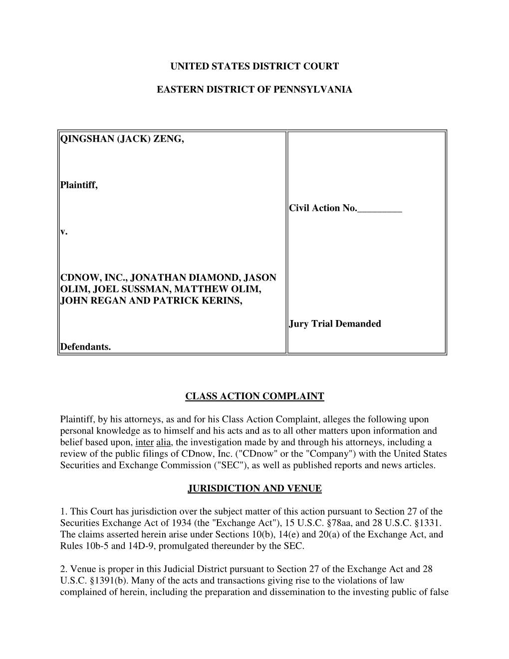 Zeng, Et Al. V. Cdnow, Inc., Et Al. Zeng-Class Action Complaint