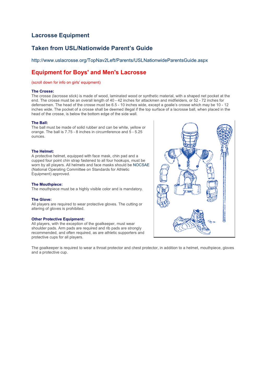 Lacrosse Equipment Taken from USL/Nationwide Parent's Guide