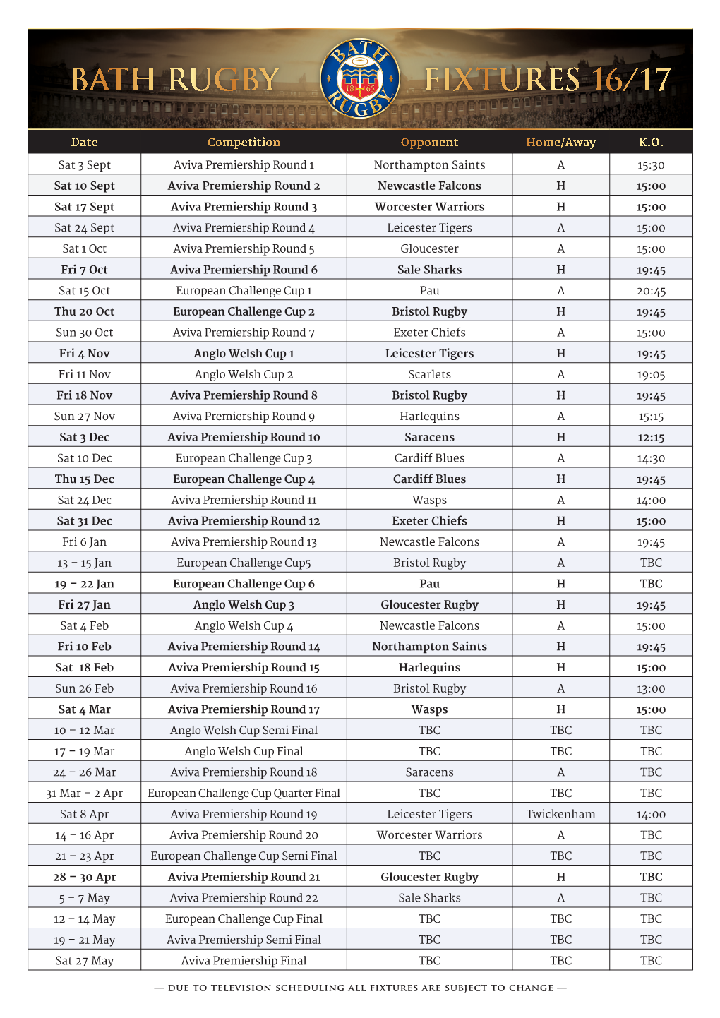 Bath Rugby Fixtures 16/17