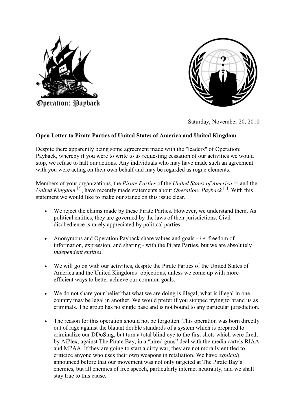 Saturday, November 20, 2010 Open Letter to Pirate Parties of United