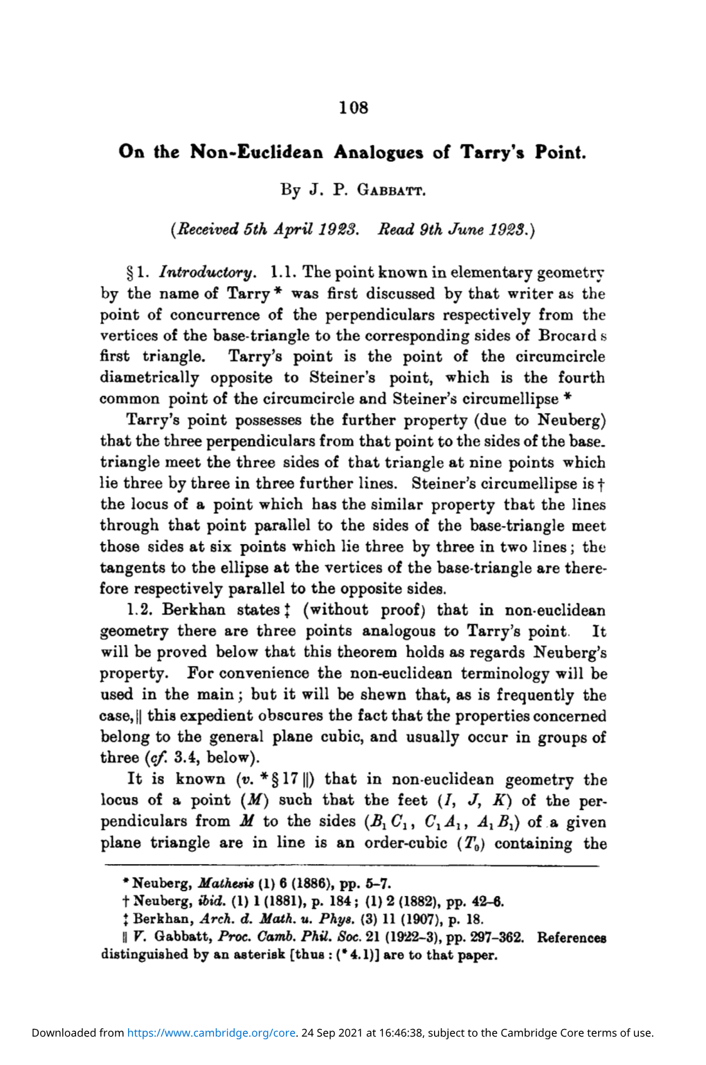 108 on the Non-Euclidean Analogues of Tarry's Point