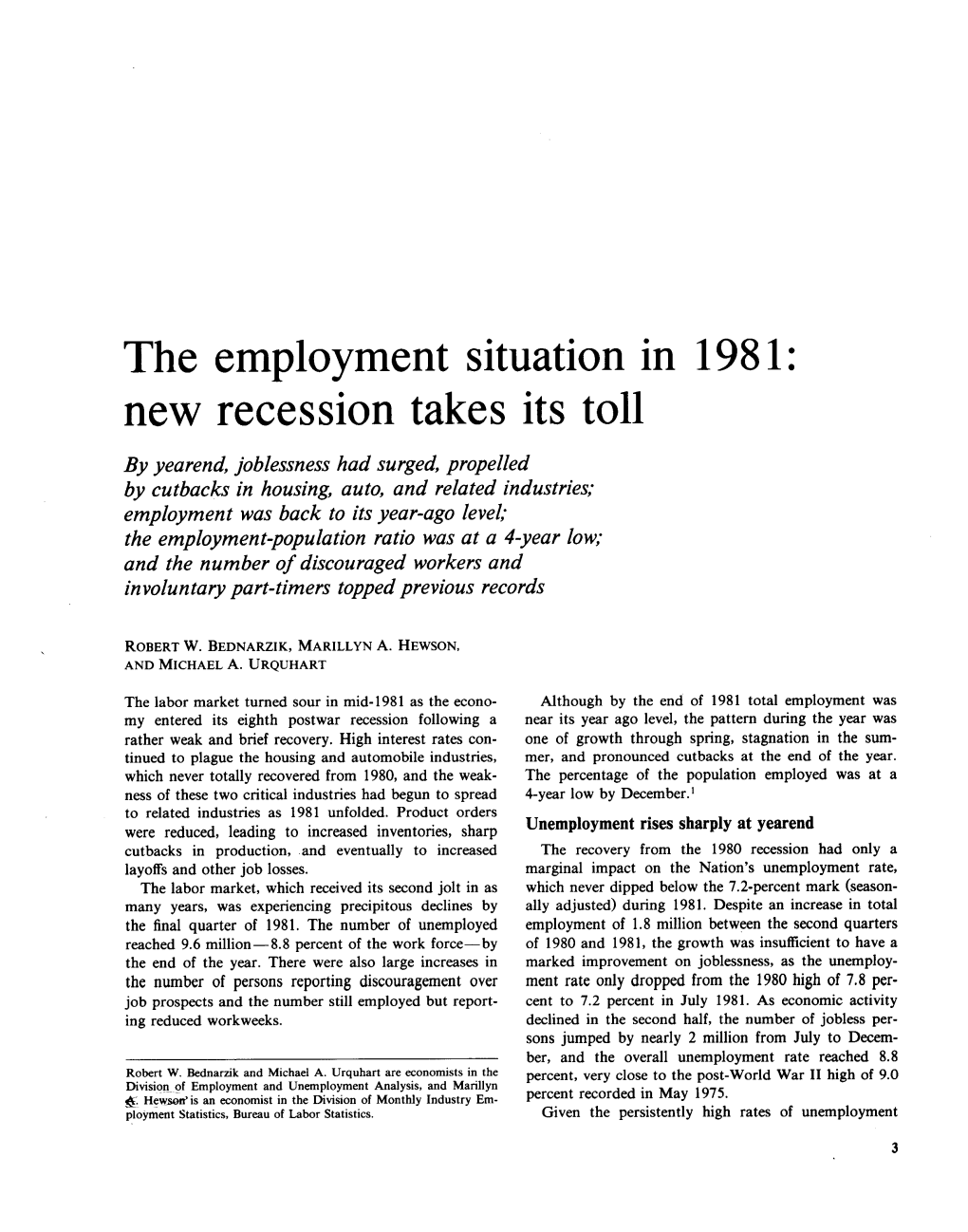 The Employment Situation in 1981: New Recession Takes Its Toll