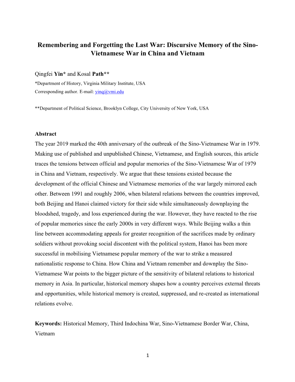 Discursive Memory of the Sino- Vietnamese War in China and Vietnam