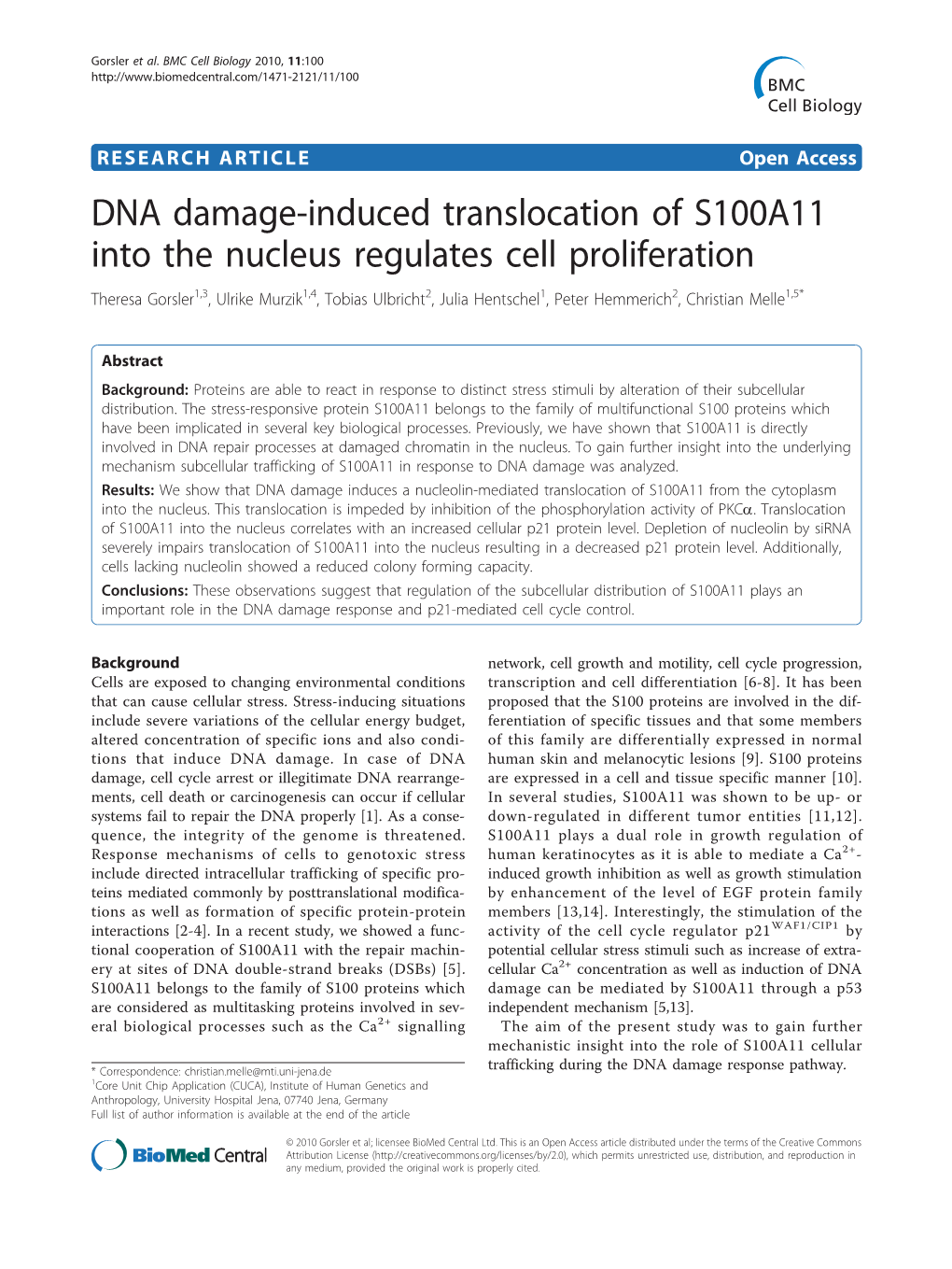 DNA Damage-Induced Translocation of S100A11 Into the Nucleus