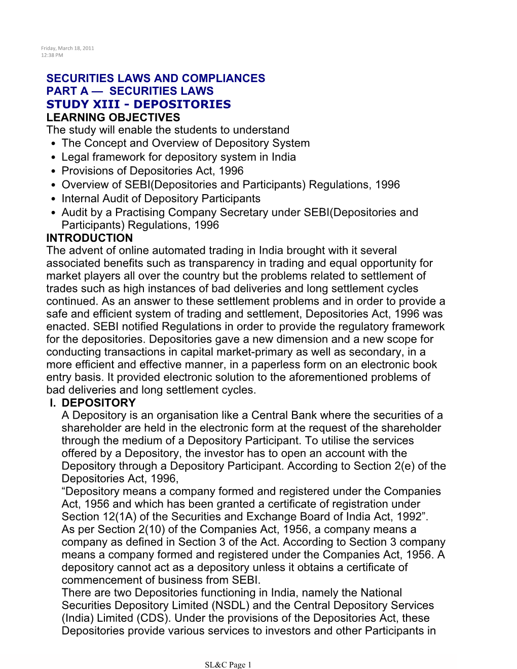 Securities Laws Study Xiii