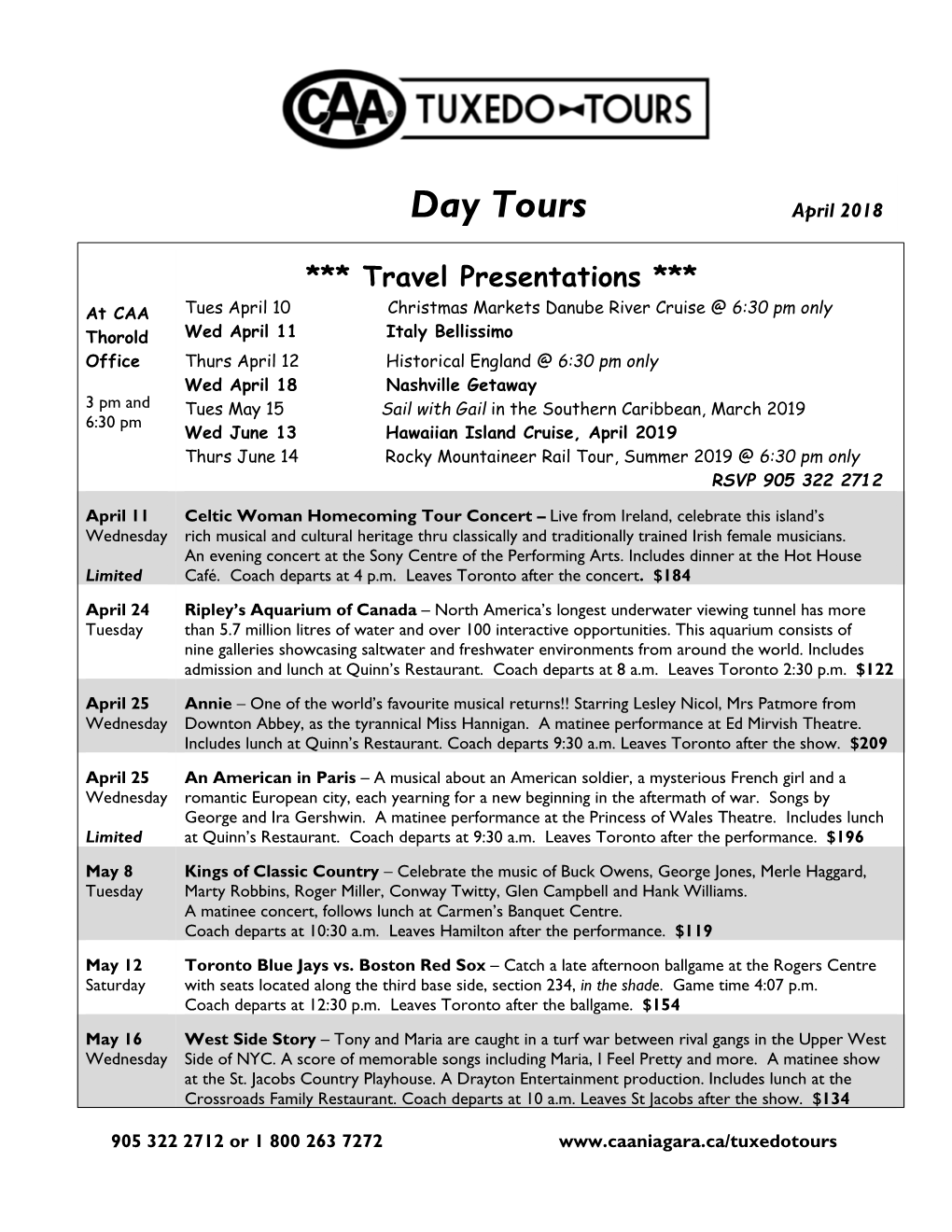Day Tours April 2018