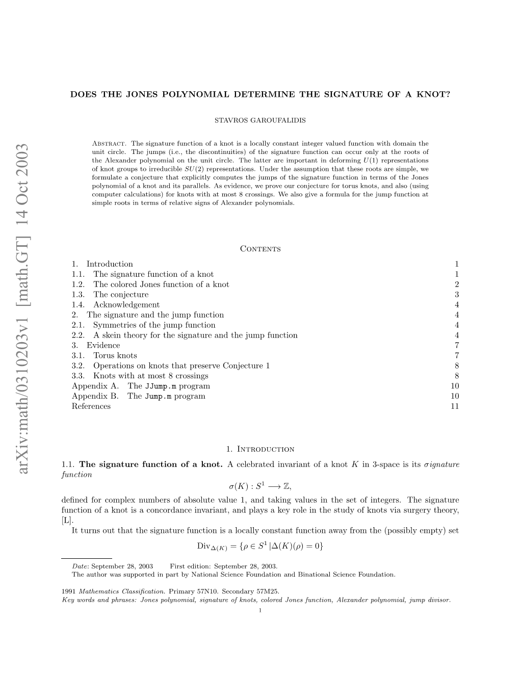 Arxiv:Math/0310203V1 [Math.GT] 14 Oct 2003 Ucino Nti Ocrac Nain,Adpasakyrl Nt in Role Key in a Plays Values and Taking Invariant, and Concordance a 1, Is Value [L]