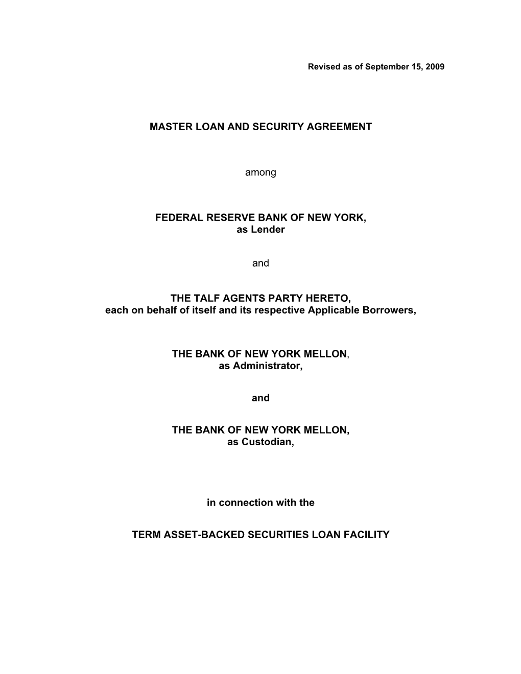 Master Loan and Security Agreement