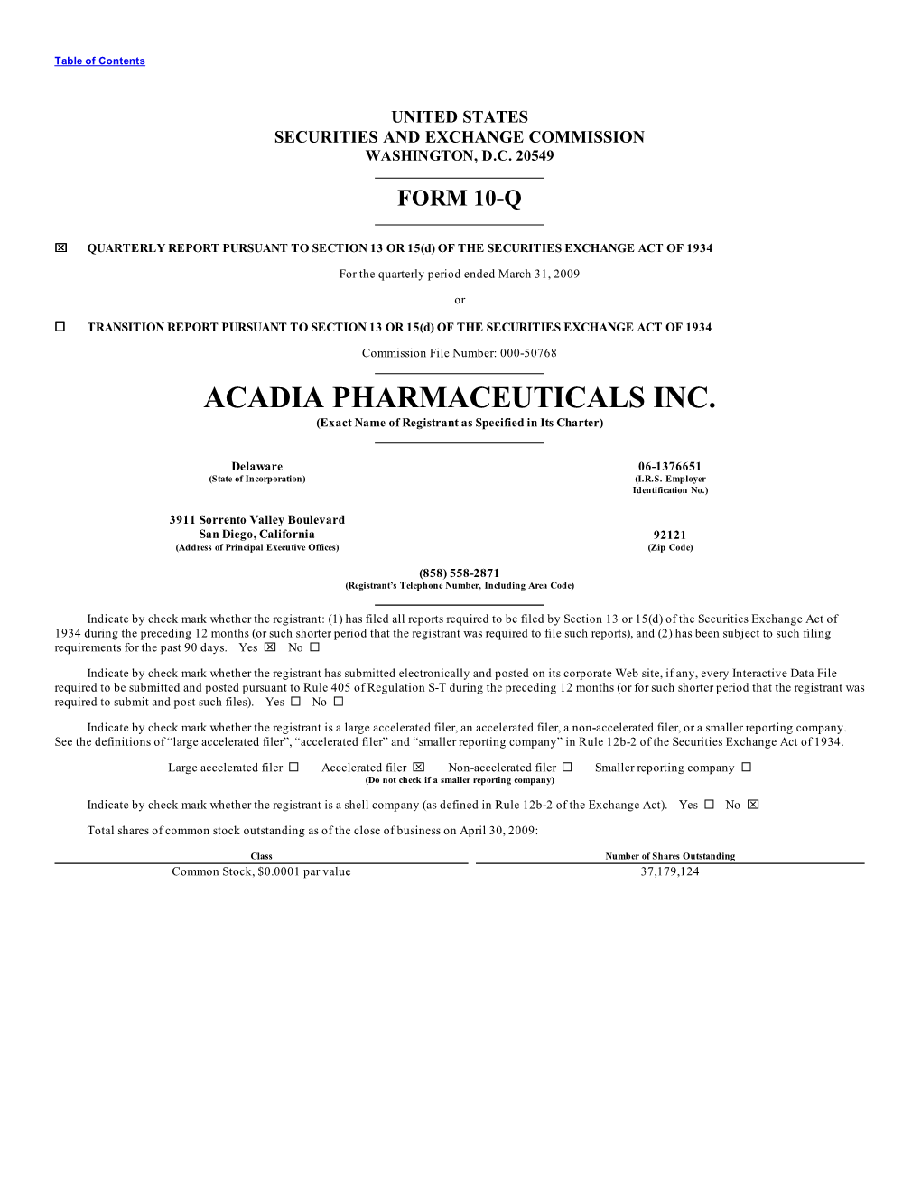 ACADIA PHARMACEUTICALS INC. (Exact Name of Registrant As Specified in Its Charter)