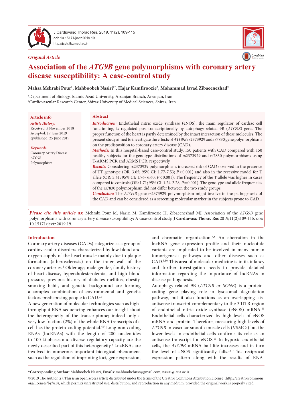 Association of the ATG9B Gene Polymorphisms with Coronary Artery Disease Susceptibility: a Case-Control Study