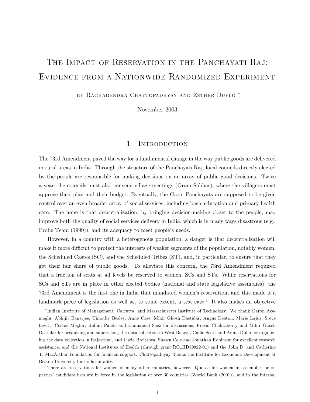 The Impact of Reservation in the Panchayati Raj: Evidence from a Nationwide Randomized Experiment