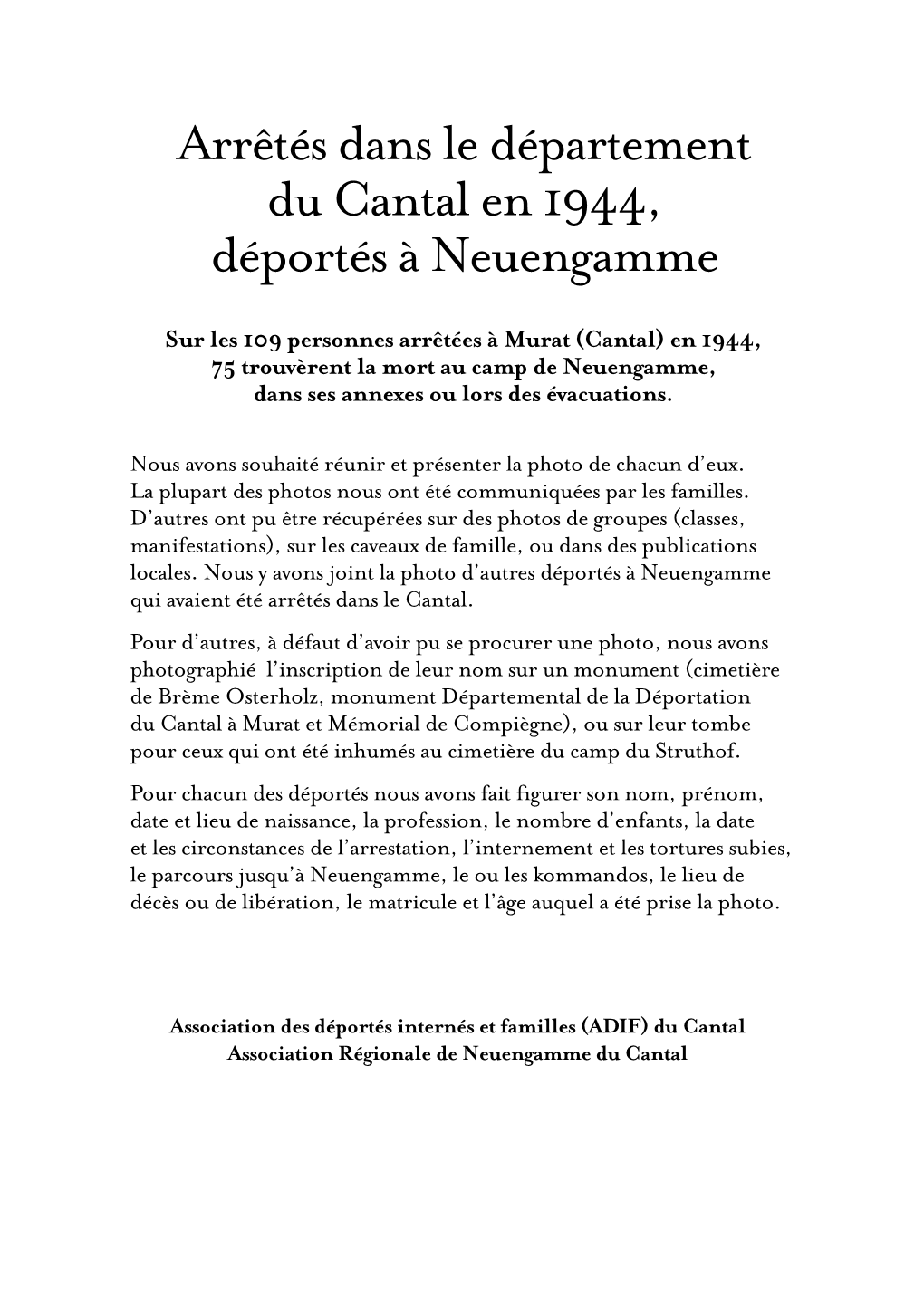 Arrêtés Dans Le Département Du Cantal En 1944, Déportés À Neuengamme