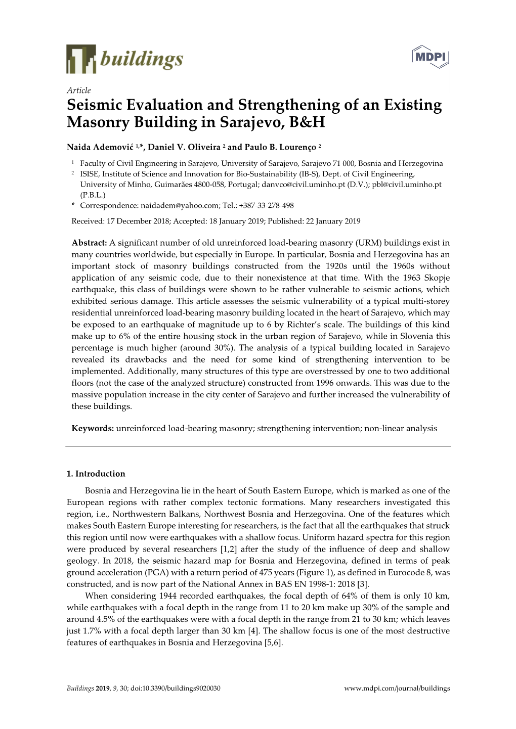 Seismic Evaluation and Strengthening of an Existing Masonry Building in Sarajevo, B&H