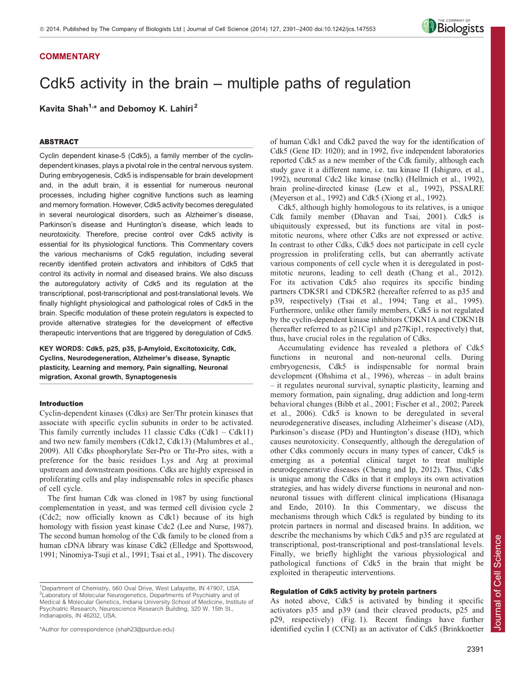 Cdk5 Activity in the Brain – Multiple Paths of Regulation