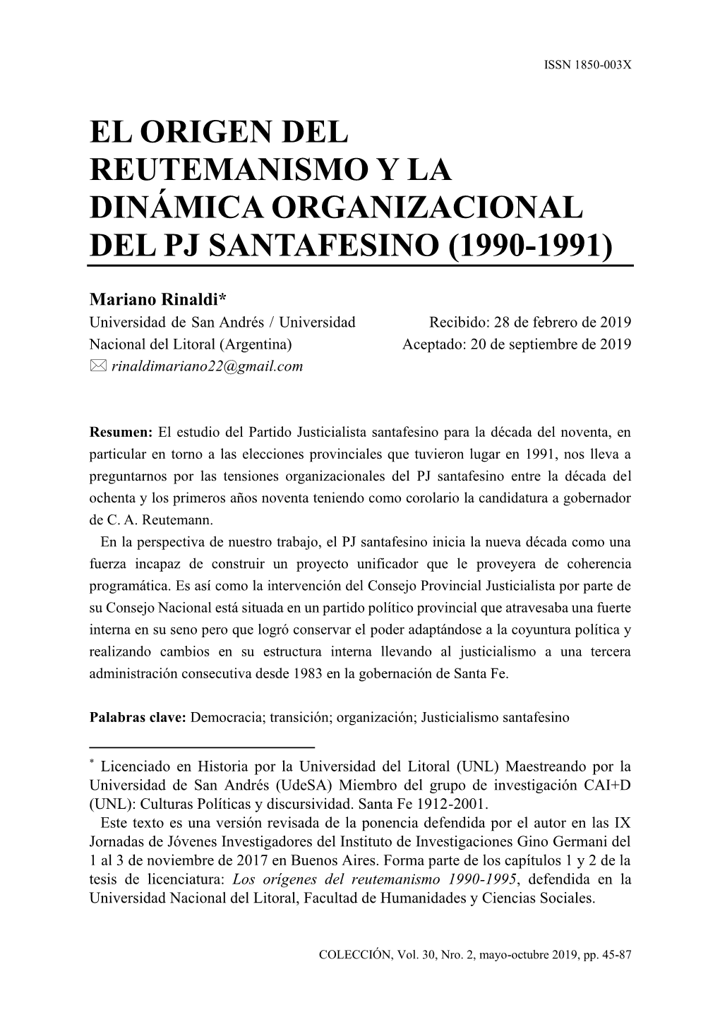 El Origen Del Reutemanismo Y La Dinámica Organizacional Del Pj Santafesino (1990-1991)