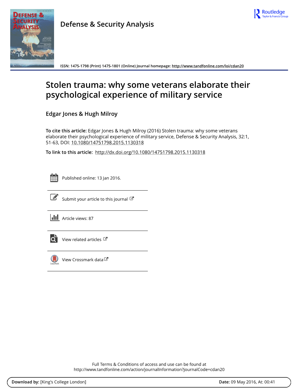 Stolen Trauma: Why Some Veterans Elaborate Their Psychological Experience of Military Service