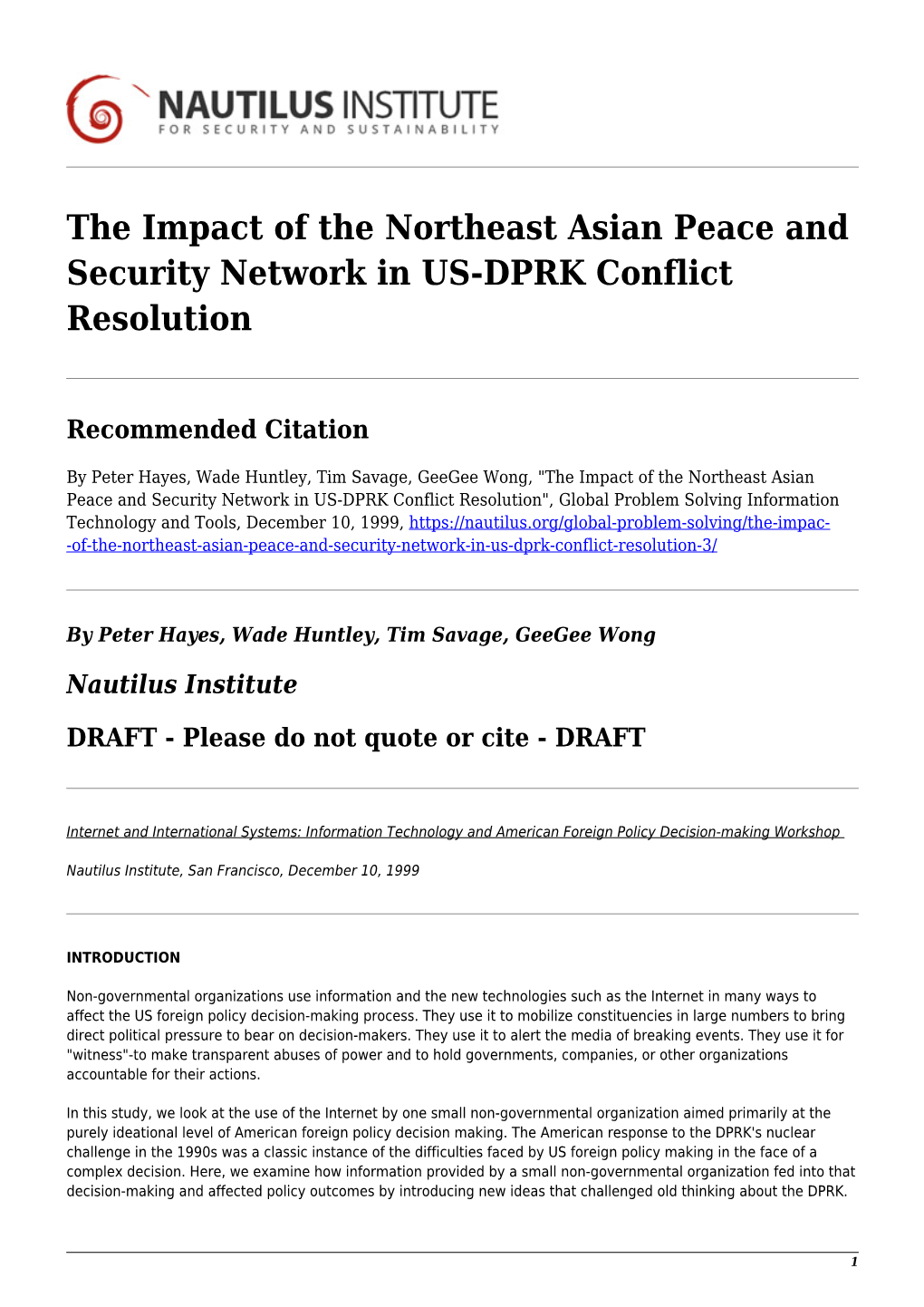 The Impact of the Northeast Asian Peace and Security Network in US-DPRK Conflict Resolution