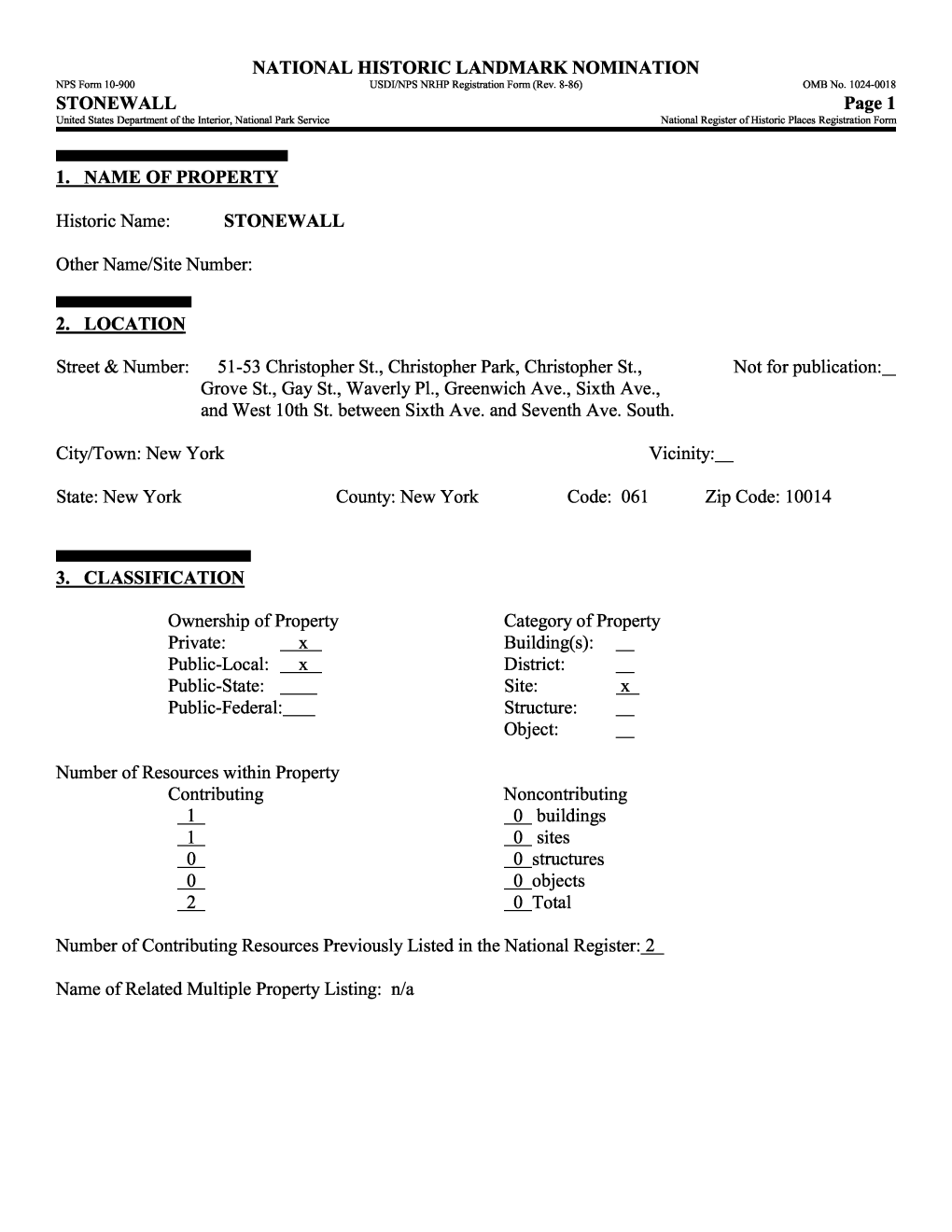 STONEWALL Page 1 United States Department of the Interior, National Park Service National Register of Historic Places Registration Form