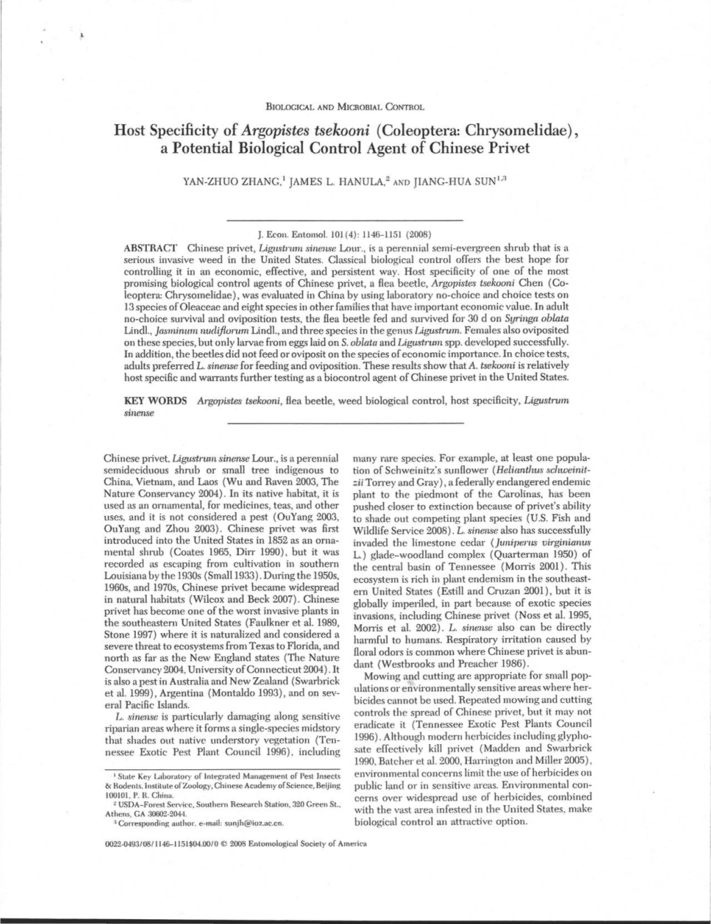 Host Specificity of Argopistes Tsekooni (Coleoptera: Chrysomelidae), a Potential Biological Control Agent of Chinese Privet