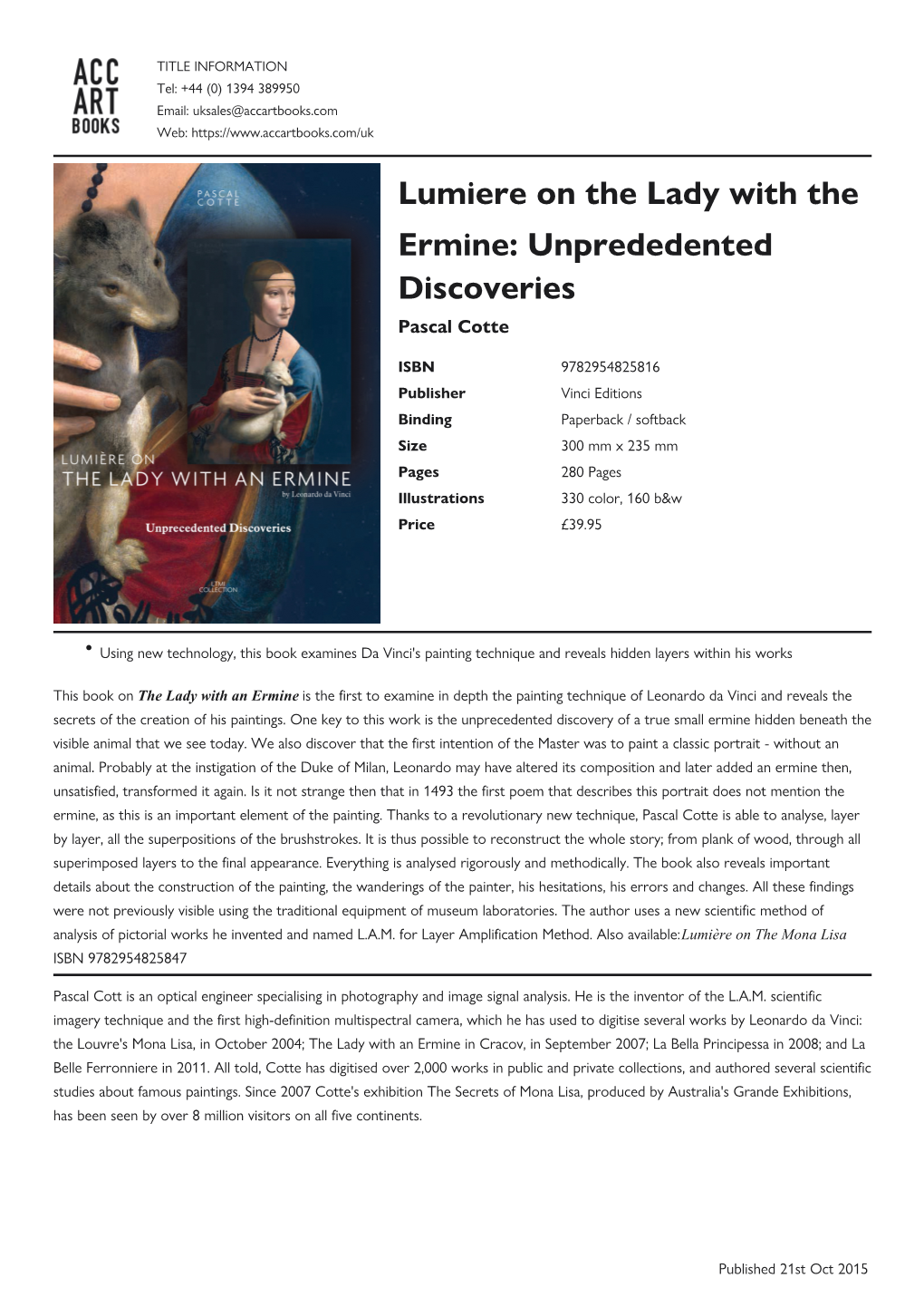 Lumiere on the Lady with the Ermine: Unprededented Discoveries Pascal Cotte
