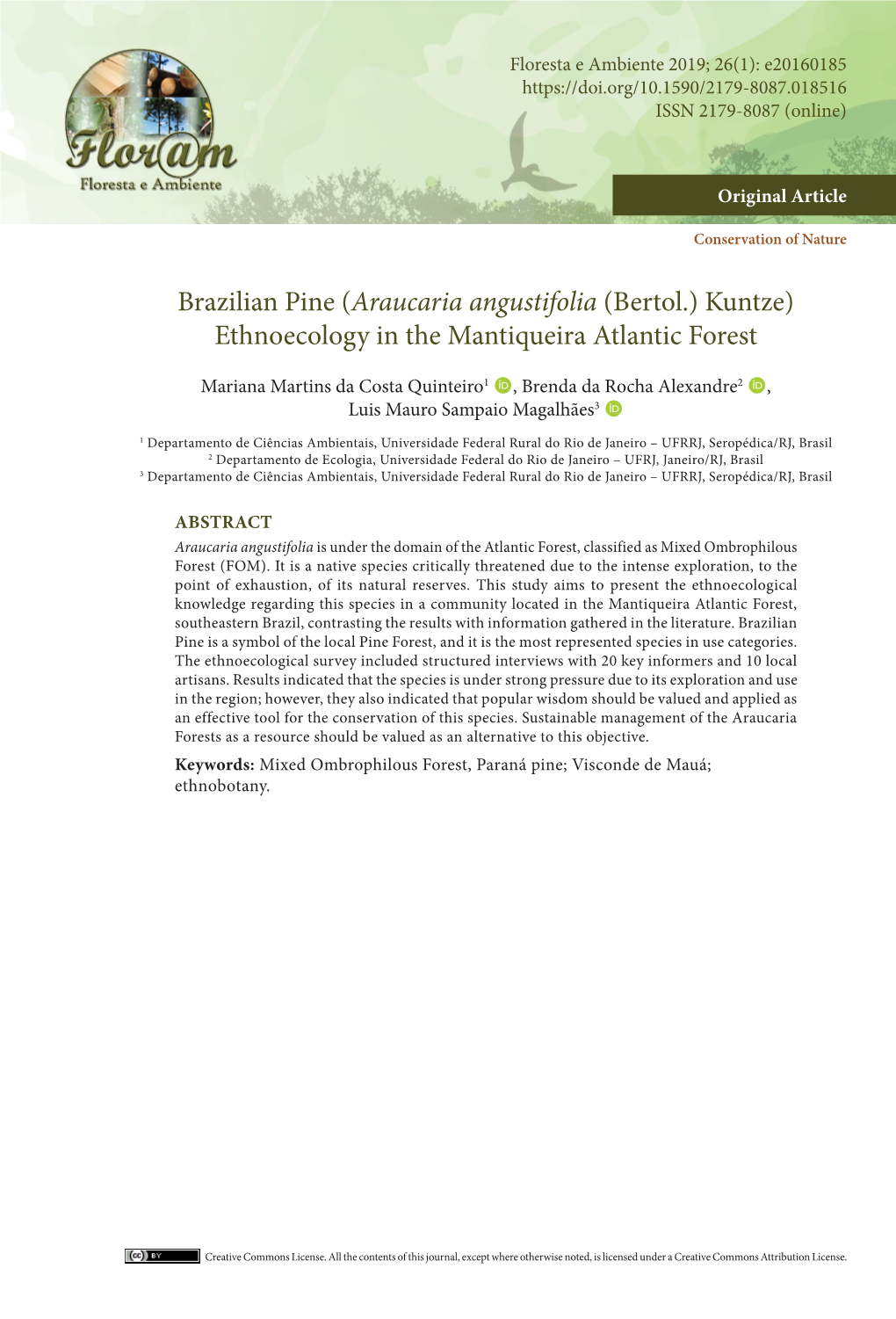 Araucaria Angustifolia (Bertol.) Kuntze) Ethnoecology in the Mantiqueira Atlantic Forest