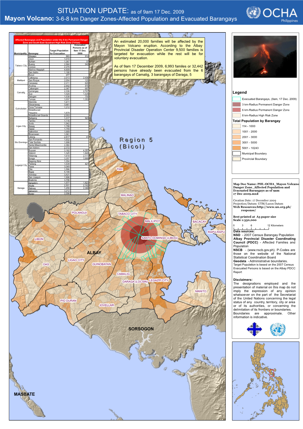 Mayon Volcano: 3-6-8 Km Danger Zones-Affected Population and Evacuated Barangays