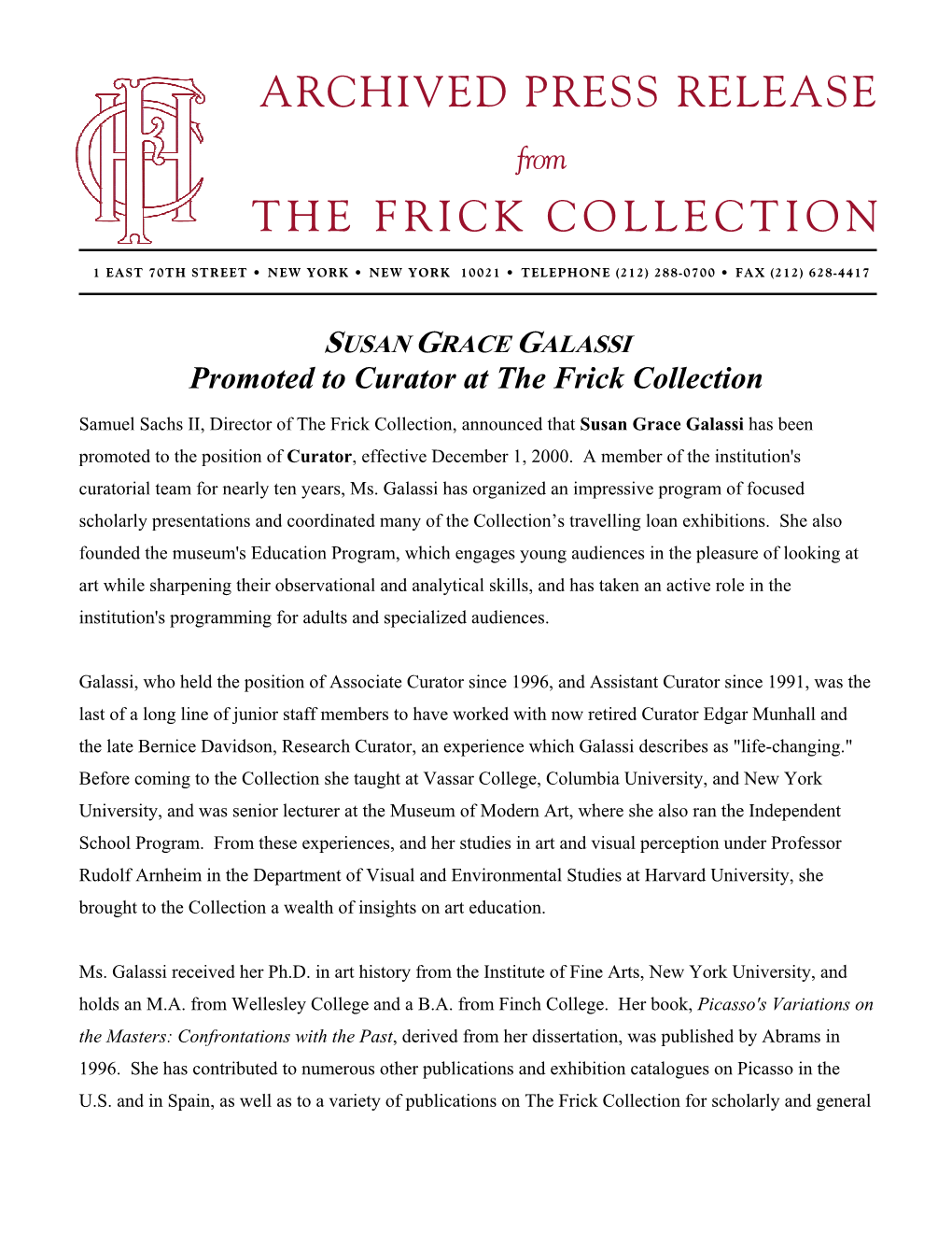 Archived Press Release the Frick Collection