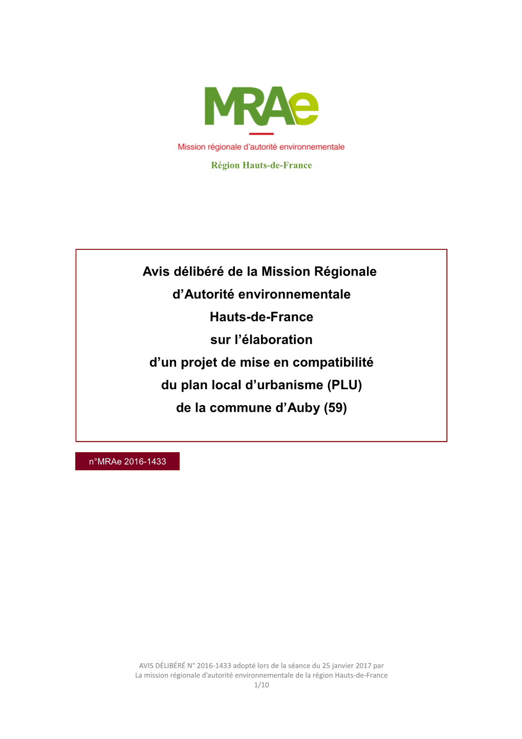Avis Délibéré De La Mission Régionale D'autorité Environnementale Hauts-De-France Sur L'élaboration D'un Projet De M