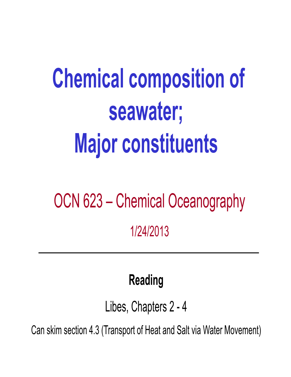 Chemical Composition of Seawater; Major Constituents