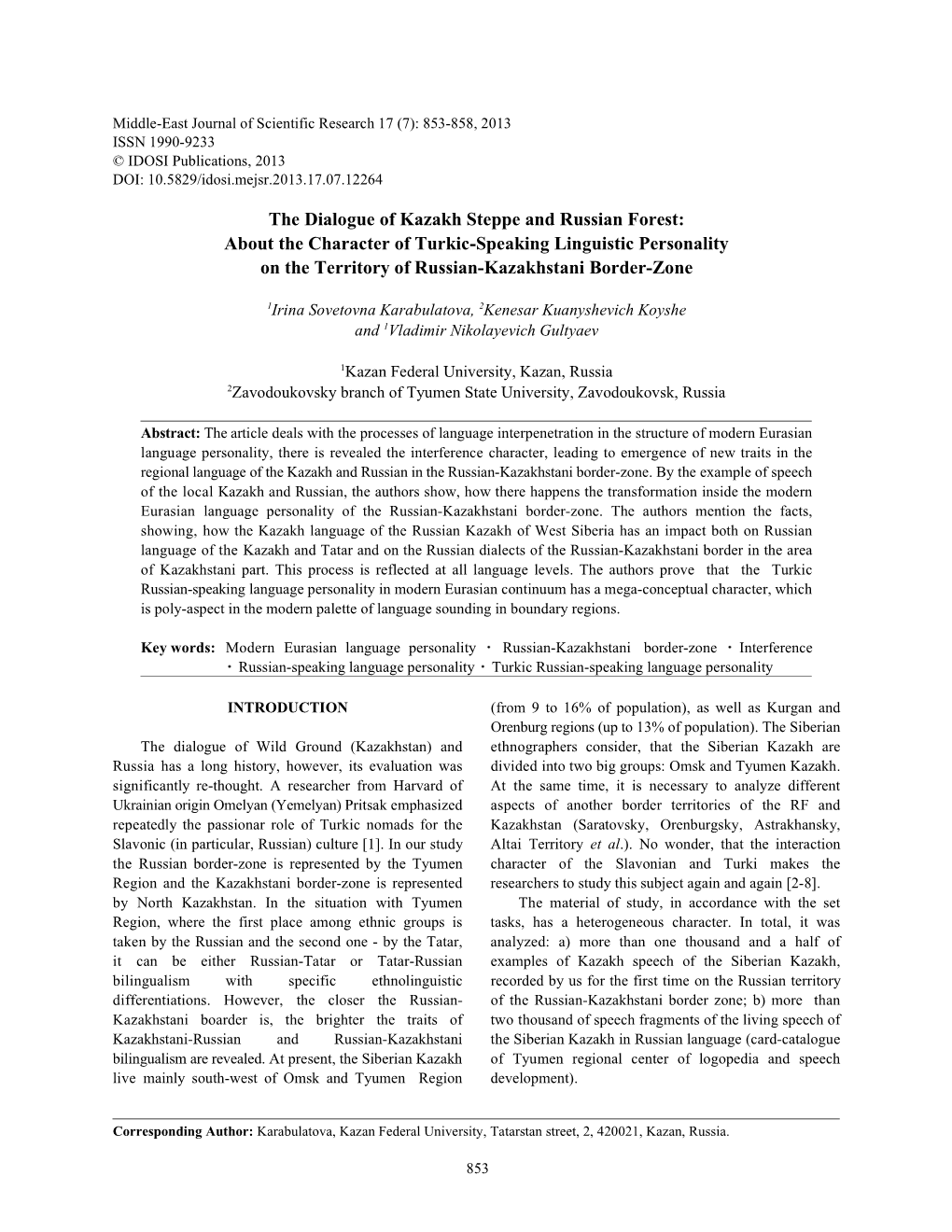 The Dialogue of Kazakh Steppe and Russian Forest: About the Character of Turkic-Speaking Linguistic Personality on the Territory of Russian-Kazakhstani Border-Zone