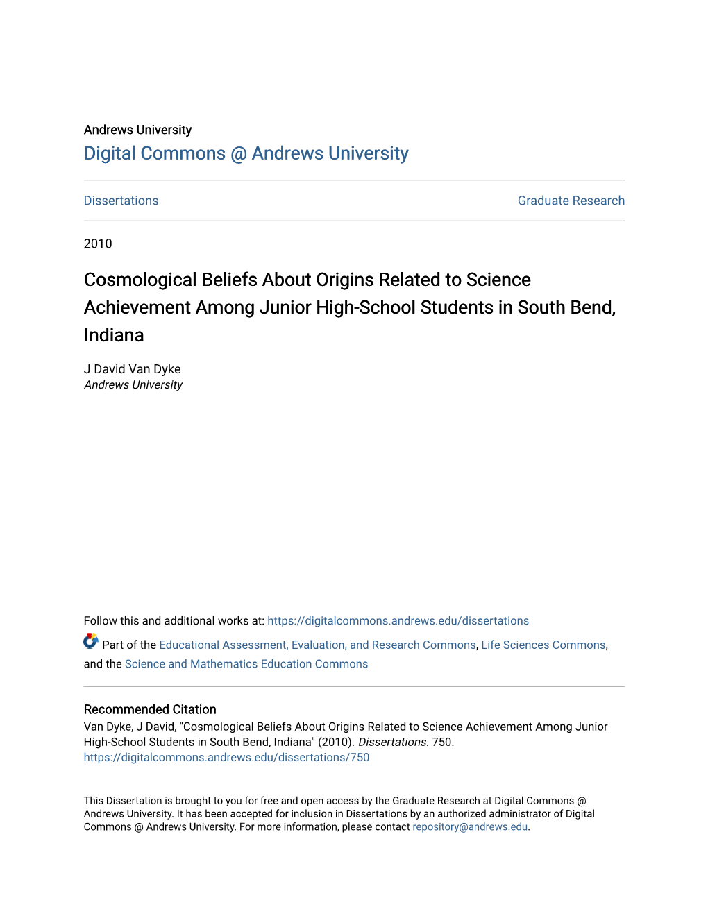 Cosmological Beliefs About Origins Related to Science Achievement Among Junior High-School Students in South Bend, Indiana