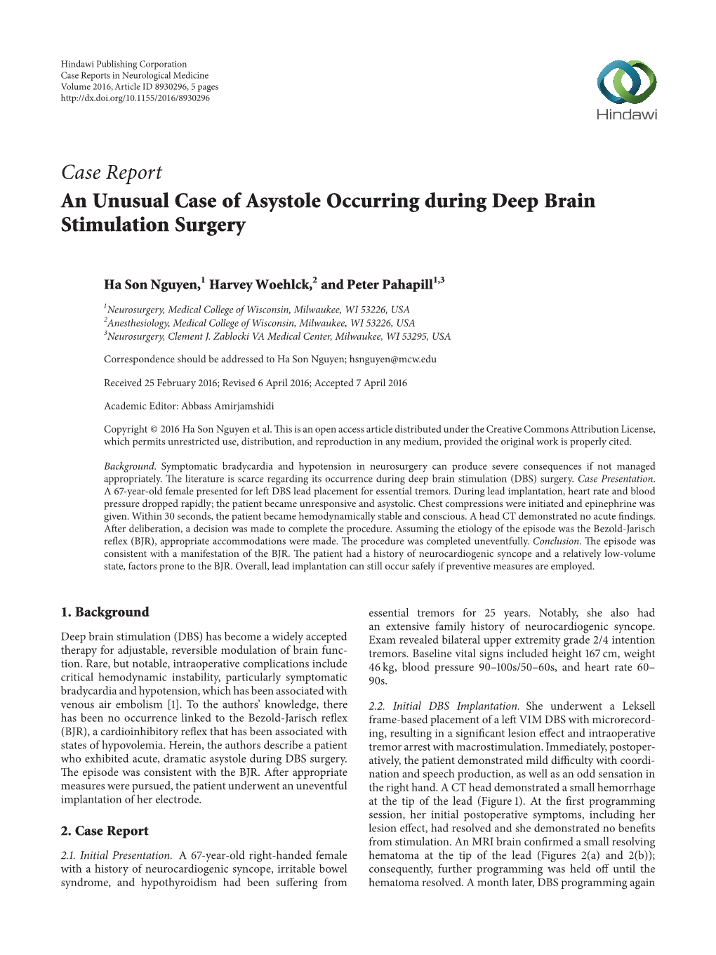 An Unusual Case of Asystole Occurring During Deep Brain Stimulation Surgery