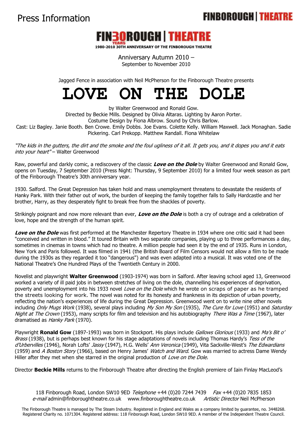LOVE on the DOLE by Walter Greenwood and Ronald Gow