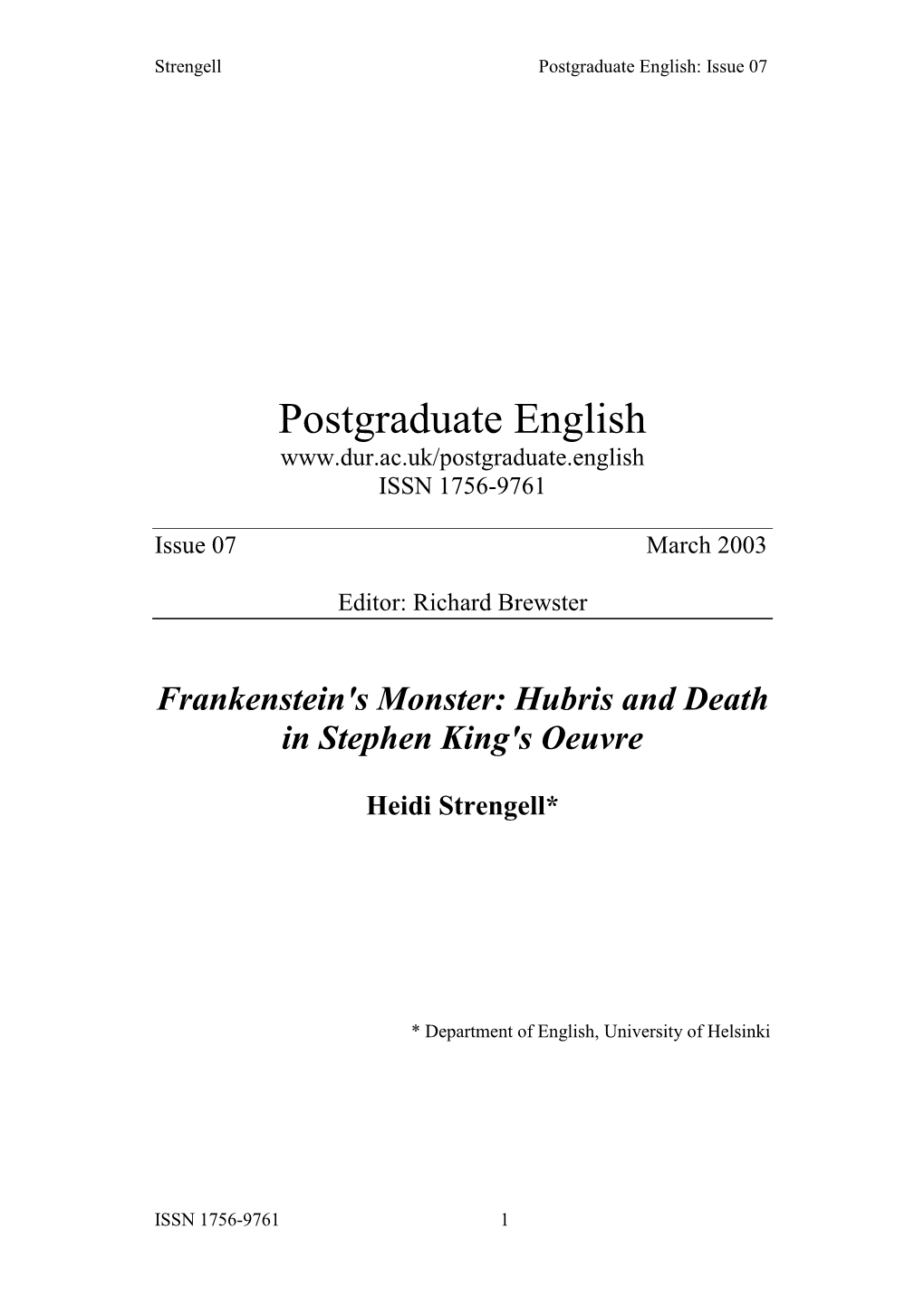 Frankenstein's Monster: Hubris and Death in Stephen King's Oeuvre