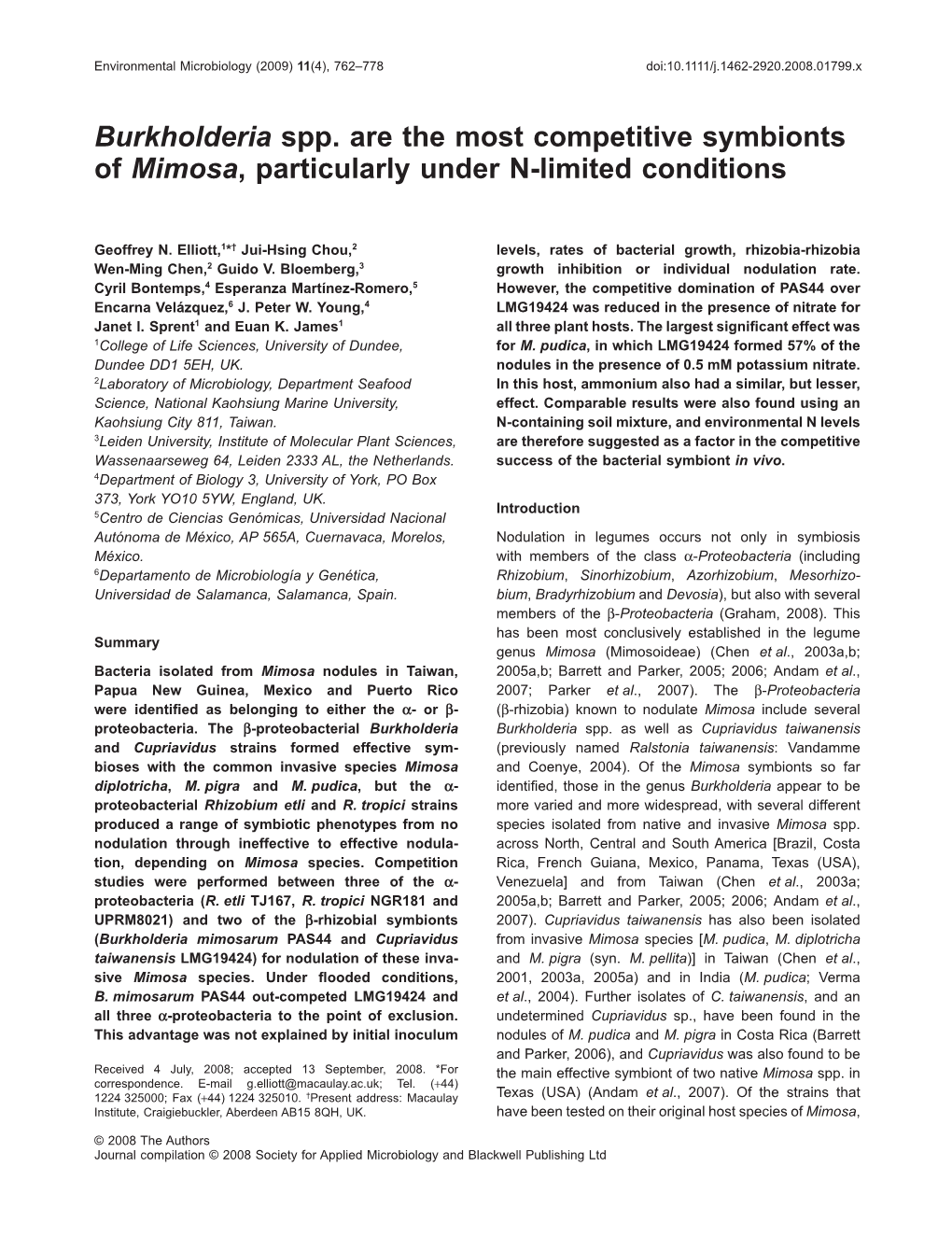 Burkholderia Spp. Are the Most Competitive Symbionts of Mimosa, Particularly Under N-Limited Conditions