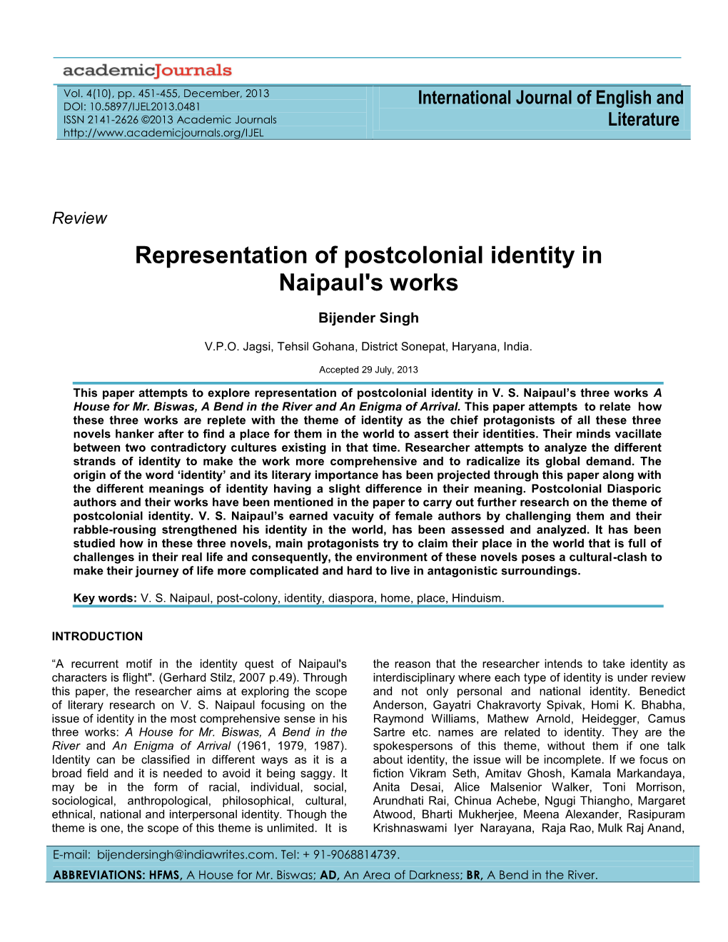 Representation of Postcolonial Identity in Naipaul's Works