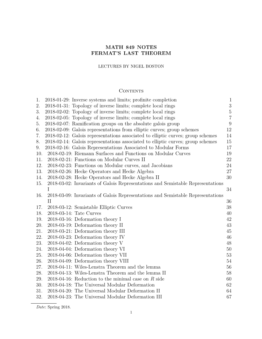 MATH 849 NOTES FERMAT's LAST THEOREM Contents 1. 2018-01-29: Inverse Systems and Limits; Profinite Completion 1 2. 2018-01-31