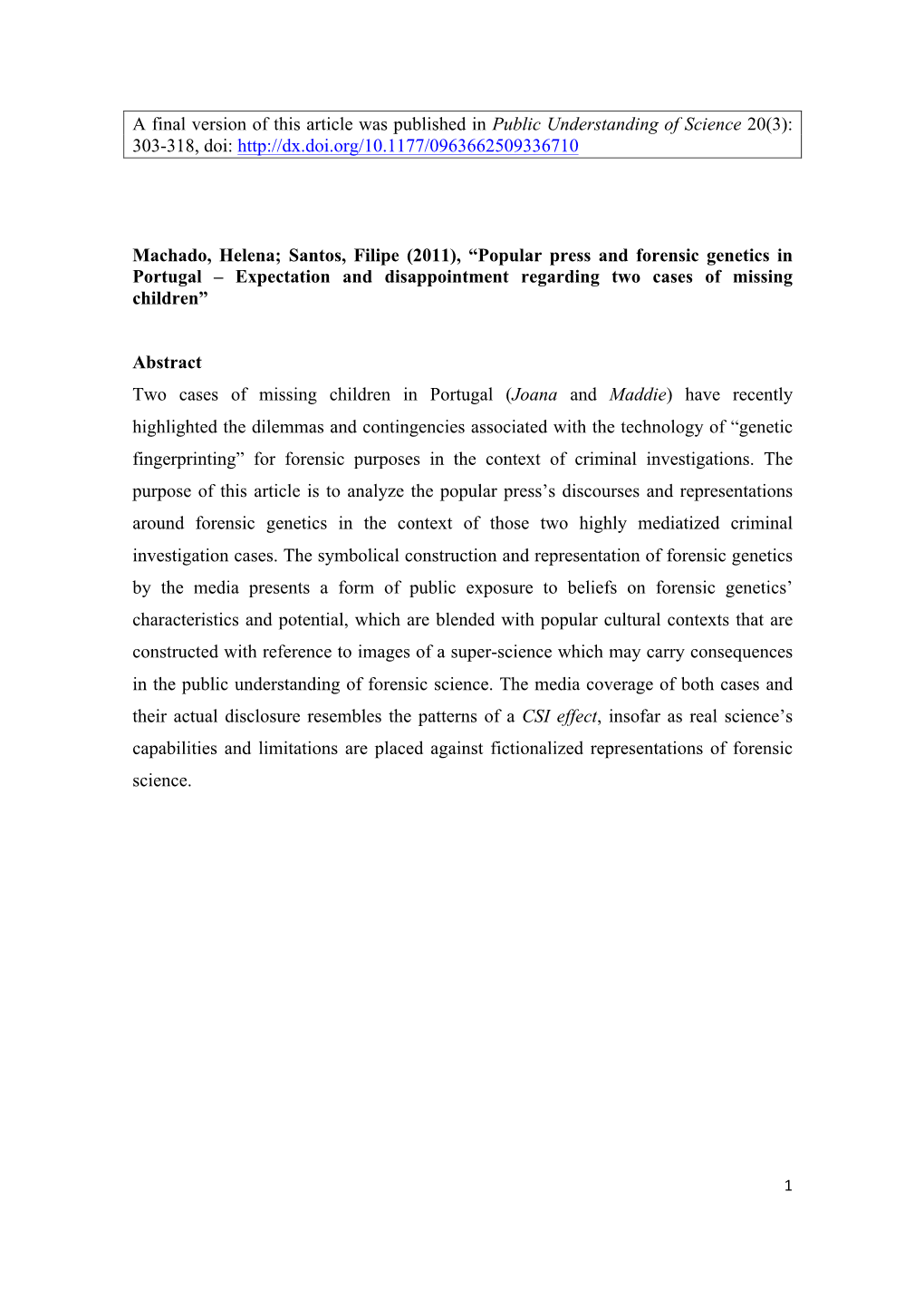 Popular Press and Forensic Genetics in Portugal.Pdf