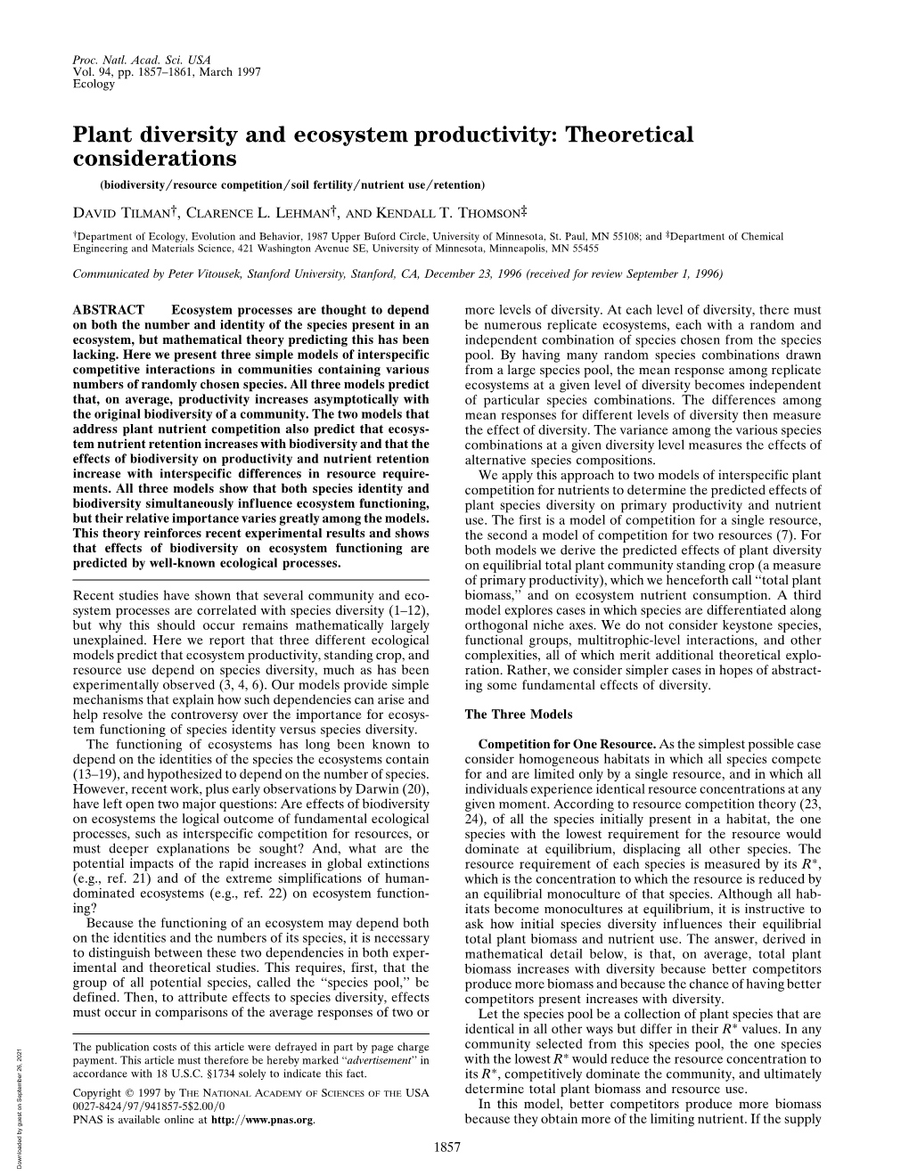 Plant Diversity and Ecosystem Productivity: Theoretical Considerations (Biodiversity͞resource Competition͞soil Fertility͞nutrient Use͞retention)