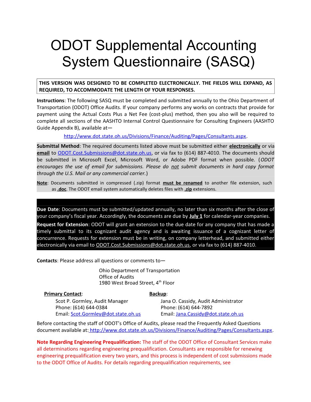 ODOT Supplemental Accounting System Questionnaire (SASQ)