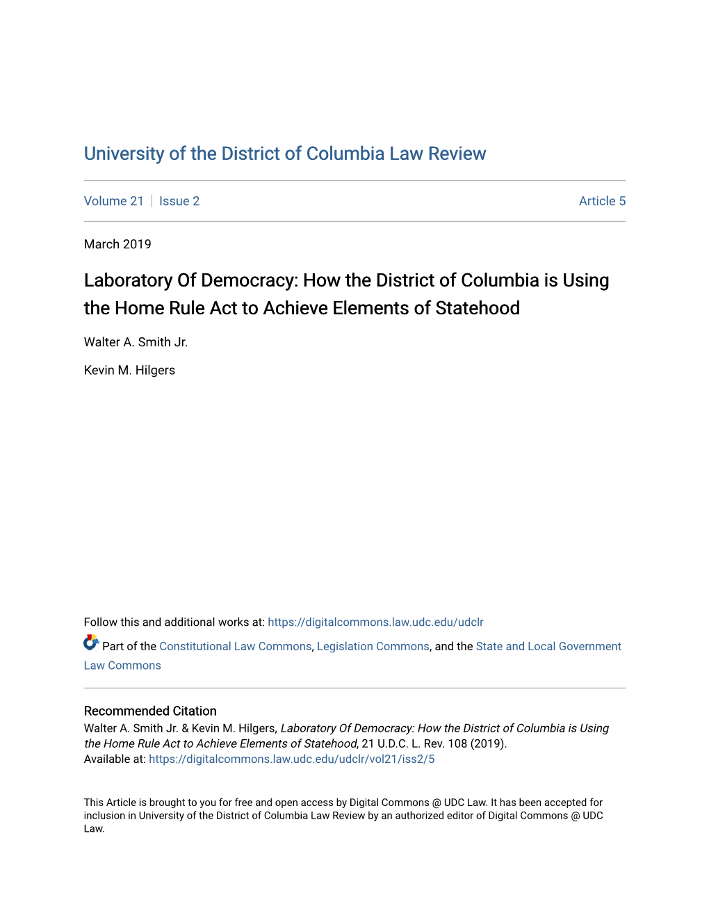 Laboratory of Democracy: How the District of Columbia Is Using the Home Rule Act to Achieve Elements of Statehood