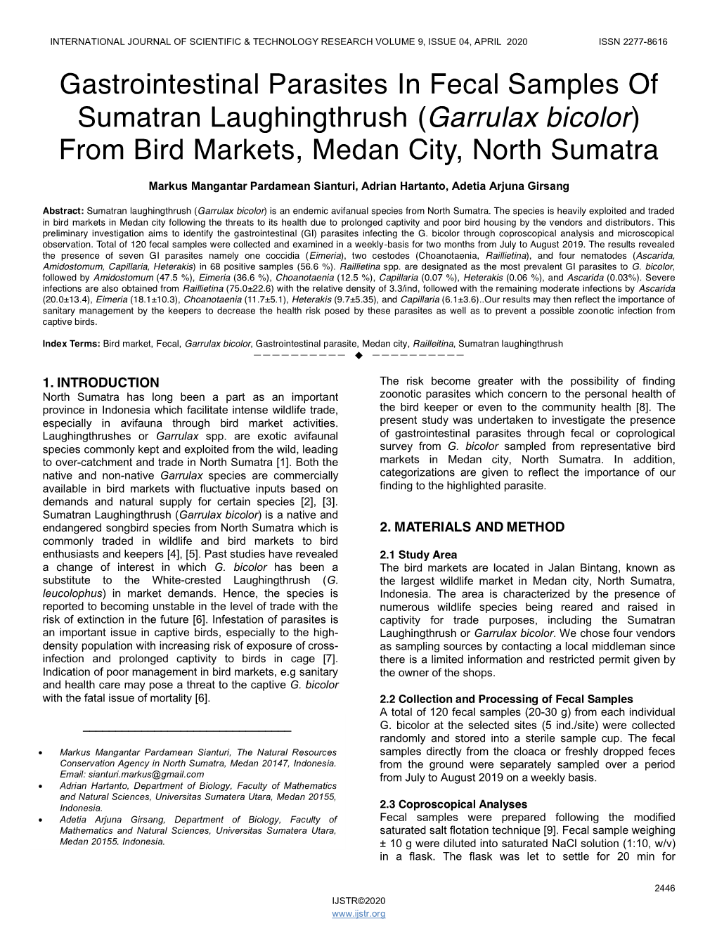 Gastrointestinal Parasites in Fecal Samples of Sumatran Laughingthrush (Garrulax Bicolor) from Bird Markets, Medan City, North Sumatra