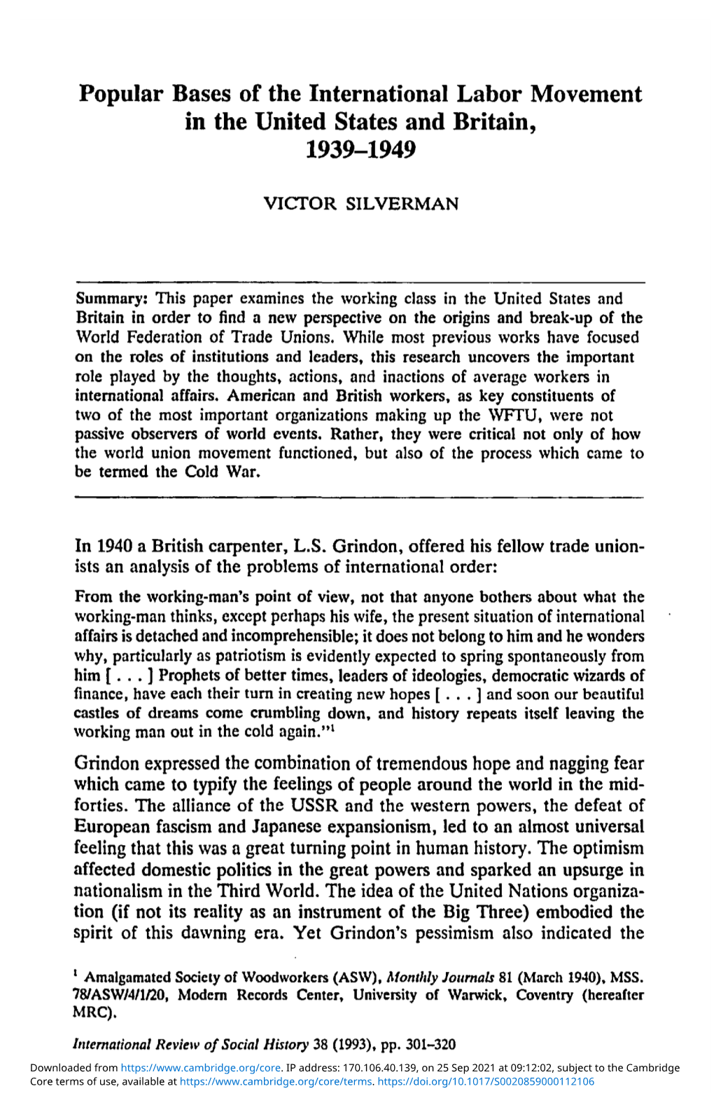 Popular Bases of the International Labor Movement in the United States and Britain, 1939-1949