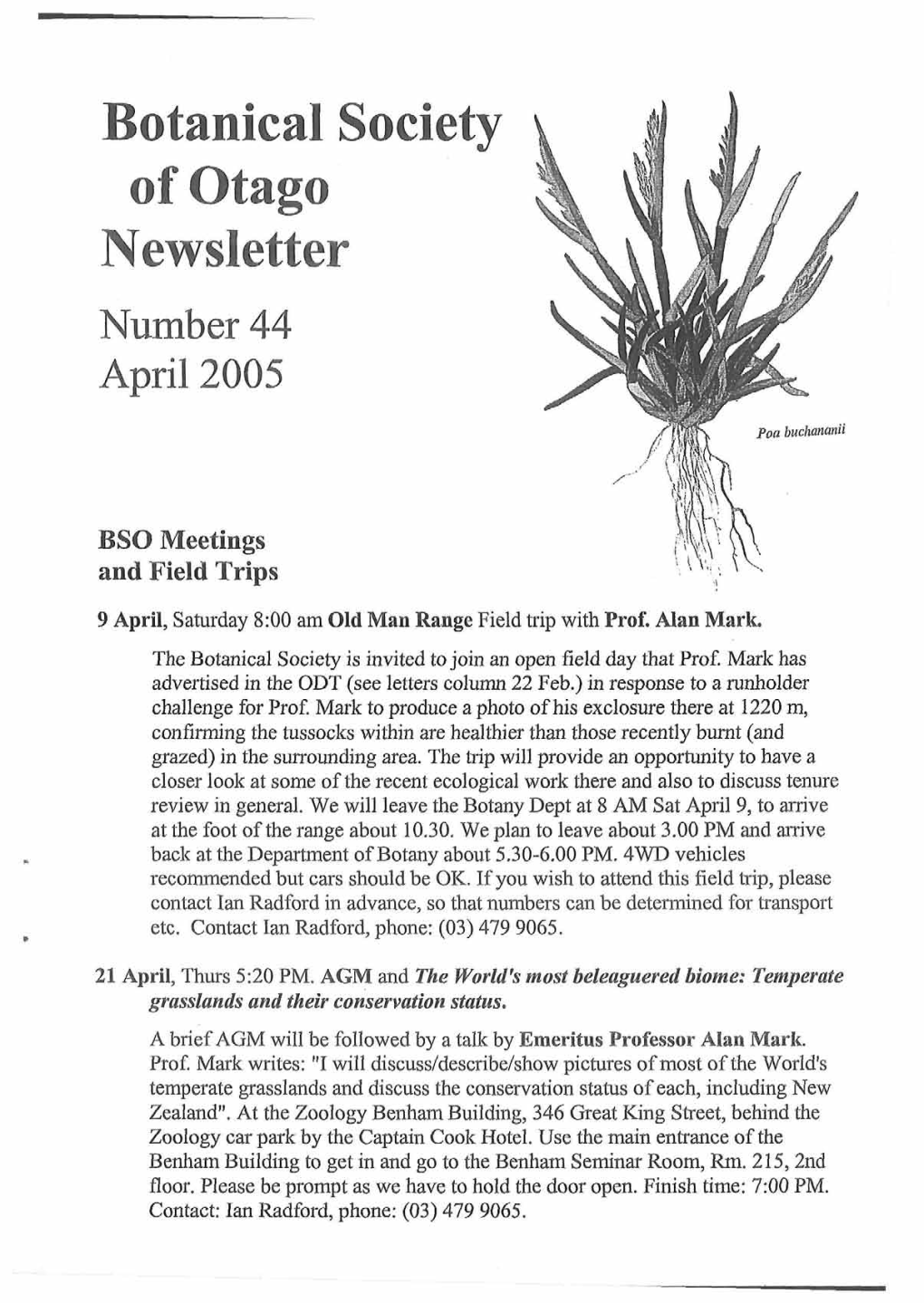 Botanical Society of Otago Newsletter Number 44 April 2005
