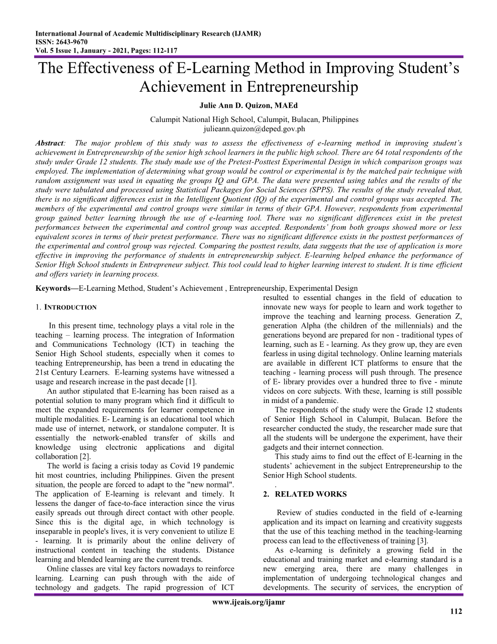 The Effectiveness of E-Learning Method in Improving Student's Achievement in Entrepreneurship