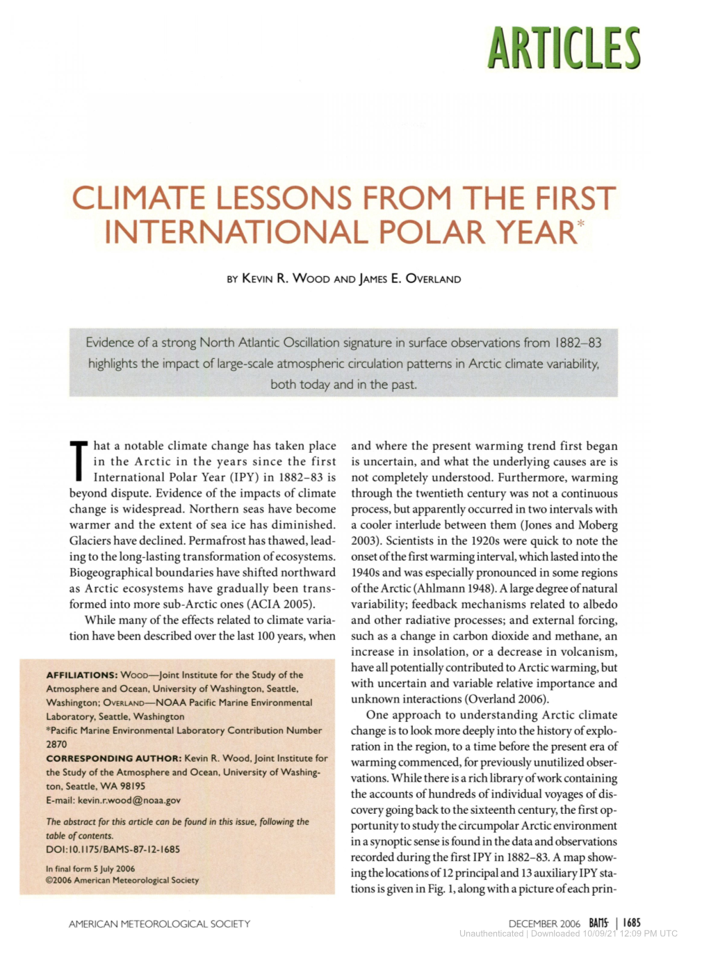 Climate Lessons from the First International Polar Year*