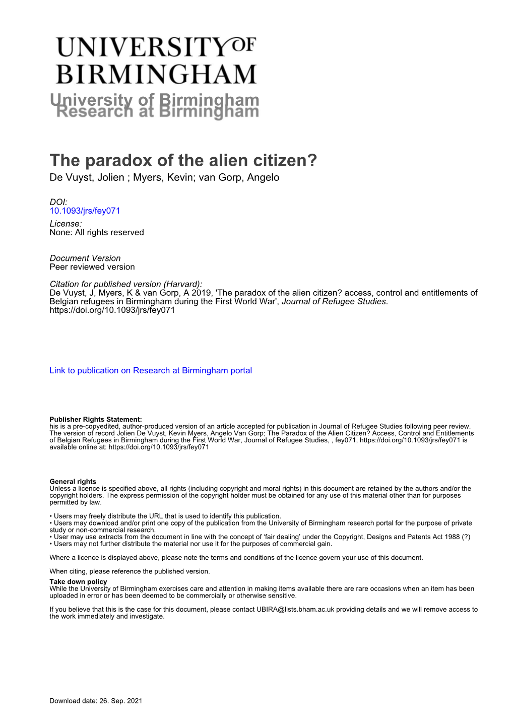 University of Birmingham the Paradox of the Alien Citizen?